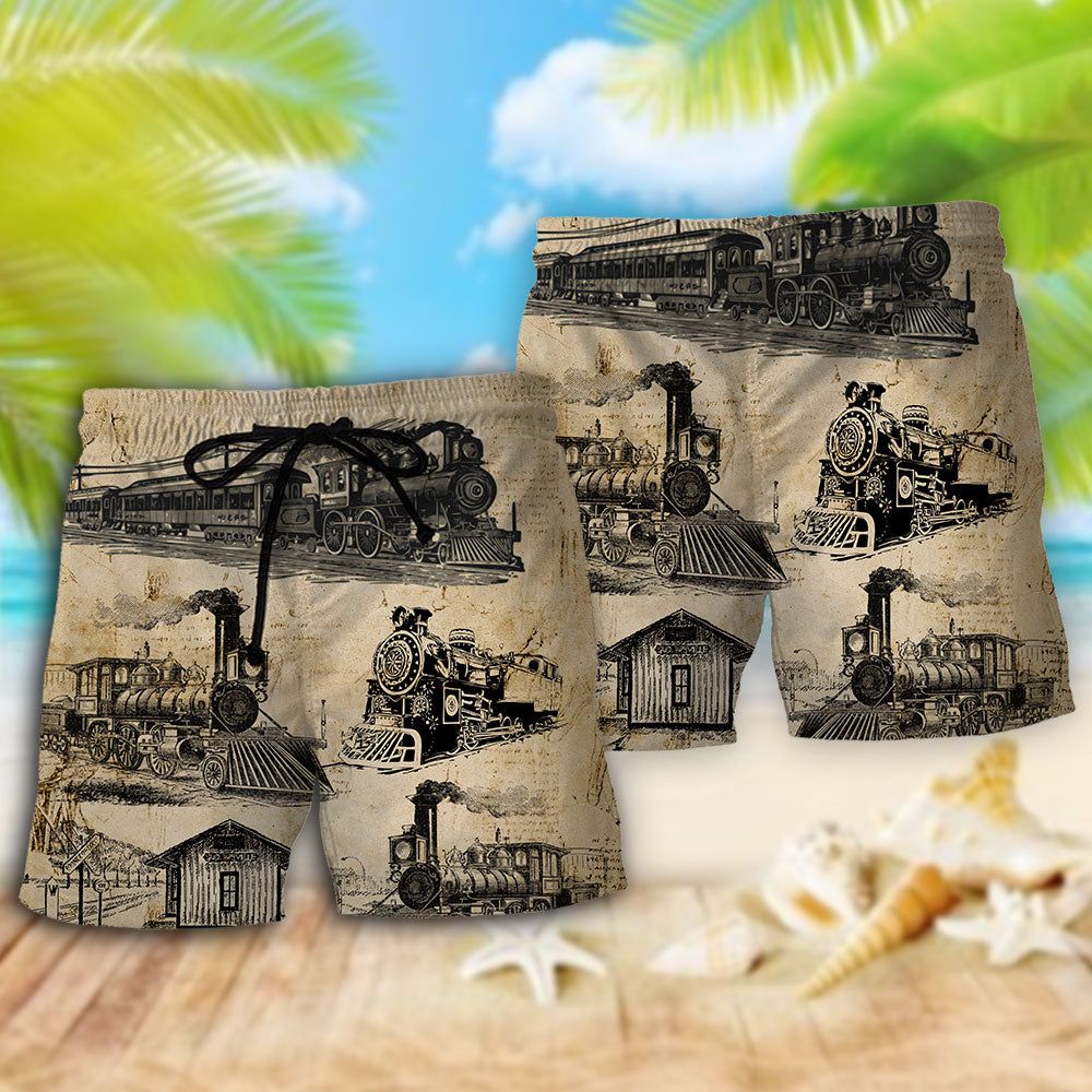 Train Vintage Art Sketch Trendy Aloha Hawaiian Beach Shorts