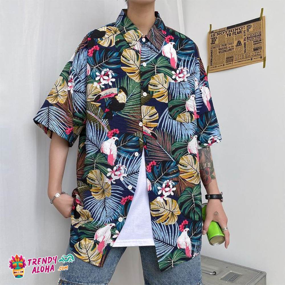 Trendy Aloha Hawaiian Shirts Print Leaves And Birds On Black Background Aloha Beach Shirts For Men