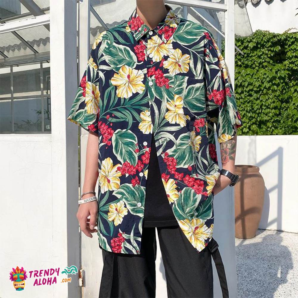 Trendy Aloha Hawaiian Shirts Print Leaves And Flowers On Black Background Aloha Beach Shirts For Men