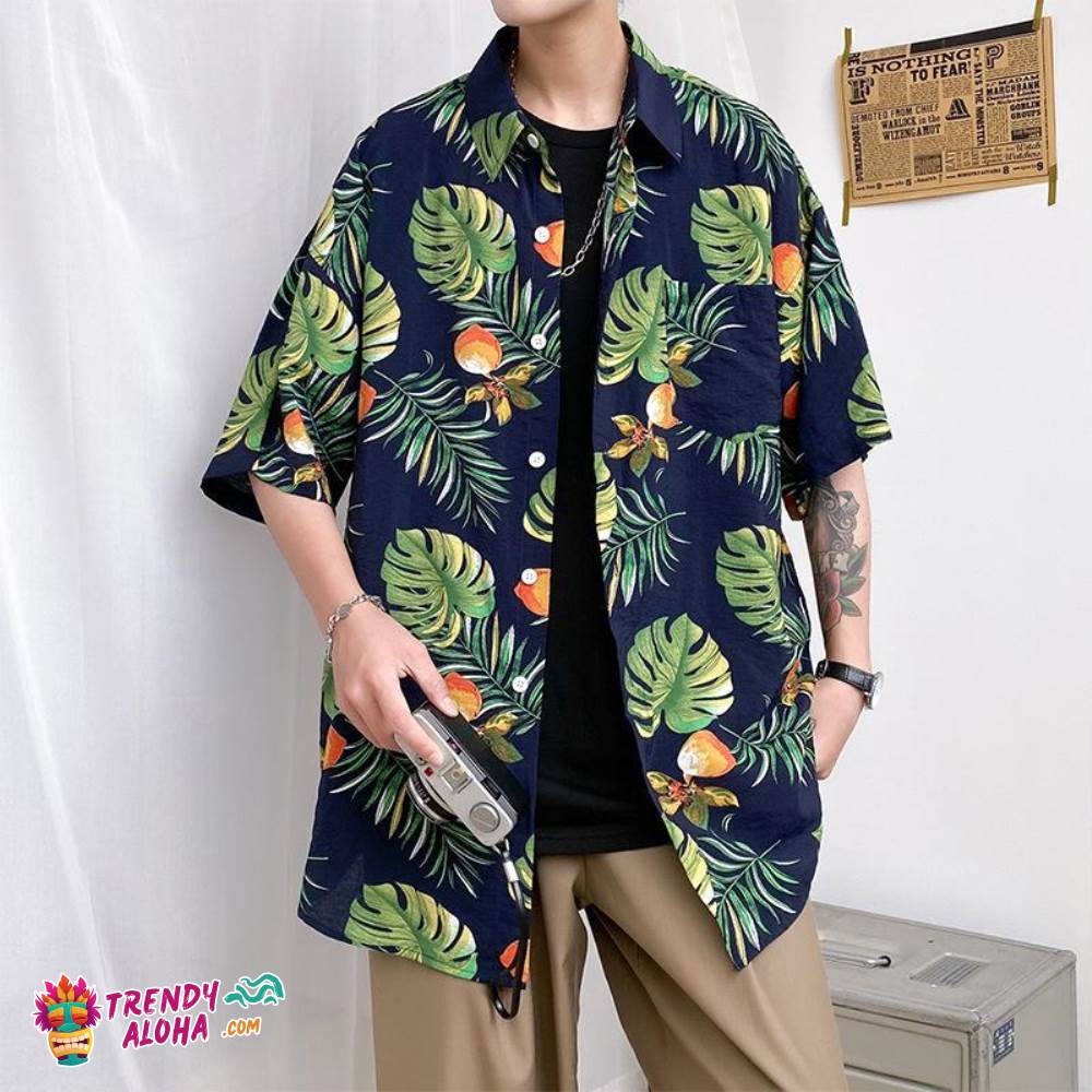 Trendy Aloha Hawaiian Shirts Print Tropical Leaves On Black Background Aloha Beach Shirts For Men