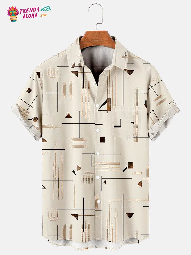 Trendy Aloha Men’s Geometric Basic Line With Chest Pocket Casual Short Sleeve Hawaiian Shirt