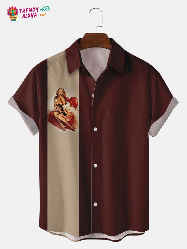 Trendy Aloha Men’s Red Heart Chair Retro Girl Hawaiian Short Sleeve Shirts & Tops