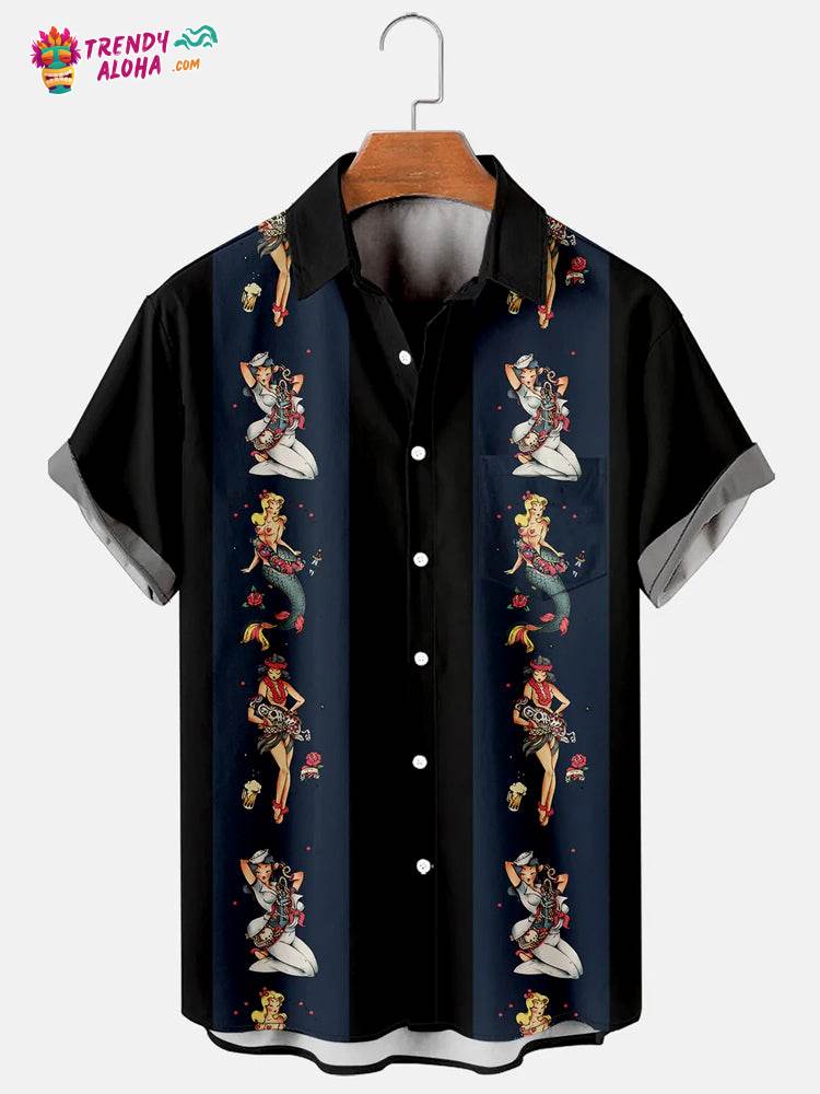 Trendy Aloha Men’s Retro Girls Mermaids Bowling Print Shirt
