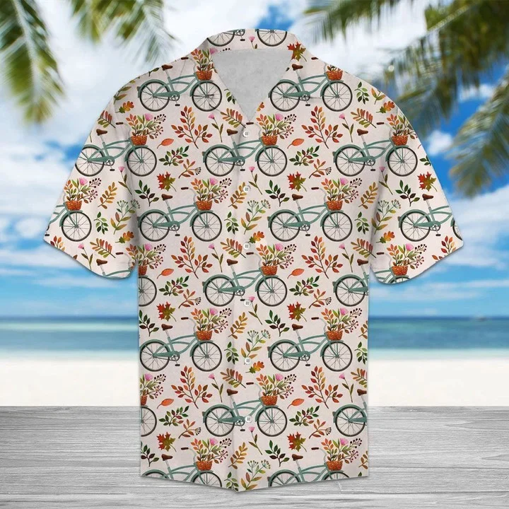 Trendy Hawaiian Shirt Autumn Bike With Bouquet In Basket Trendy Hawaiian Shirt Autumn Bike With Bouquet In Basket