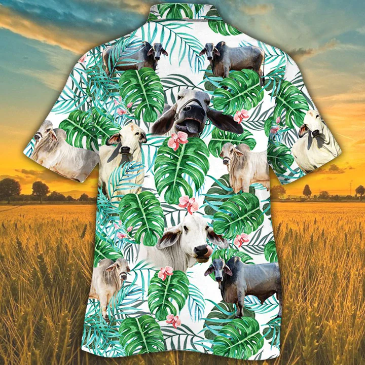 Trendy Hawaiian Shirt For Men, Brahman Cattle Lovers Tropical Plant Trendy Hawaiian Shirt, Cow Trendy Hawaiian Shirt
