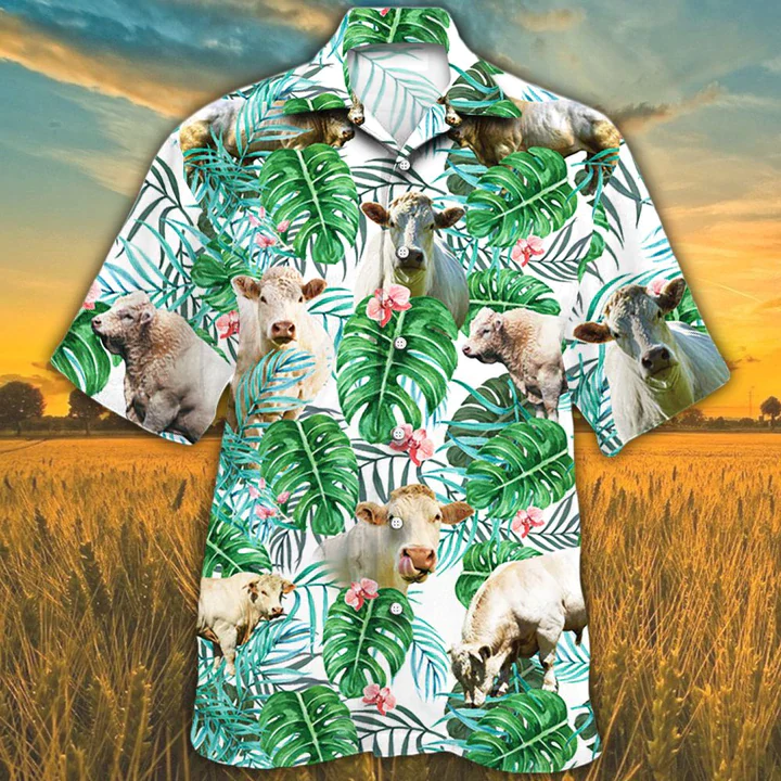 Trendy Hawaiian Shirt For Men, Charolais Cattle Lovers Tropical Plant Trendy Hawaiian Shirt, Cow Trendy Hawaiian Shirt Trendy Hawaiian Shirt For Men, Charolais Cattle Lovers Tropical Plant Trendy Hawaiian Shirt, Cow Trendy Hawaiian Shirt