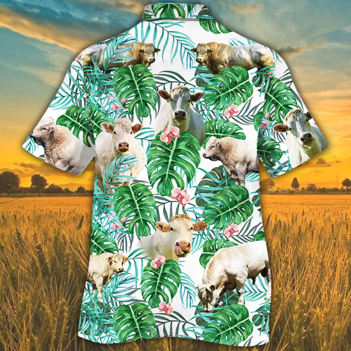 Trendy Hawaiian Shirt For Men, Charolais Cattle Lovers Tropical Plant Trendy Hawaiian Shirt, Cow Trendy Hawaiian Shirt