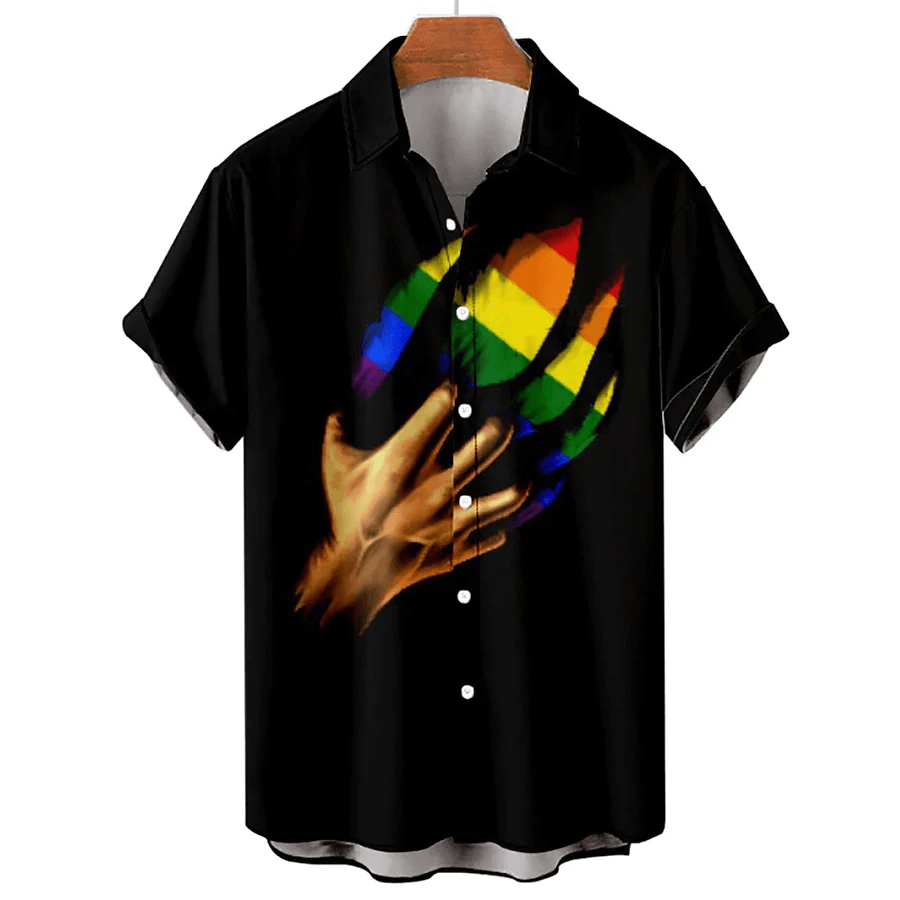 Trendy Hawaiian Shirt Rainbow Graphic Prints Turndown Collar Black Red Rainbow Street Casual Short Sleeves Button-Down Printed Clothing, Tropical Hawaiian Fashion