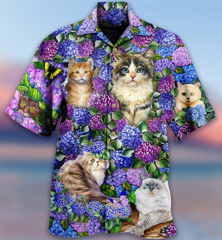 Trendy Hawaiian Shirt With Lovely And Purple Flowers, Cat Lovers Trendy Hawaiian Shirt, New Trendy Hawaiian Shirt Hot 2023