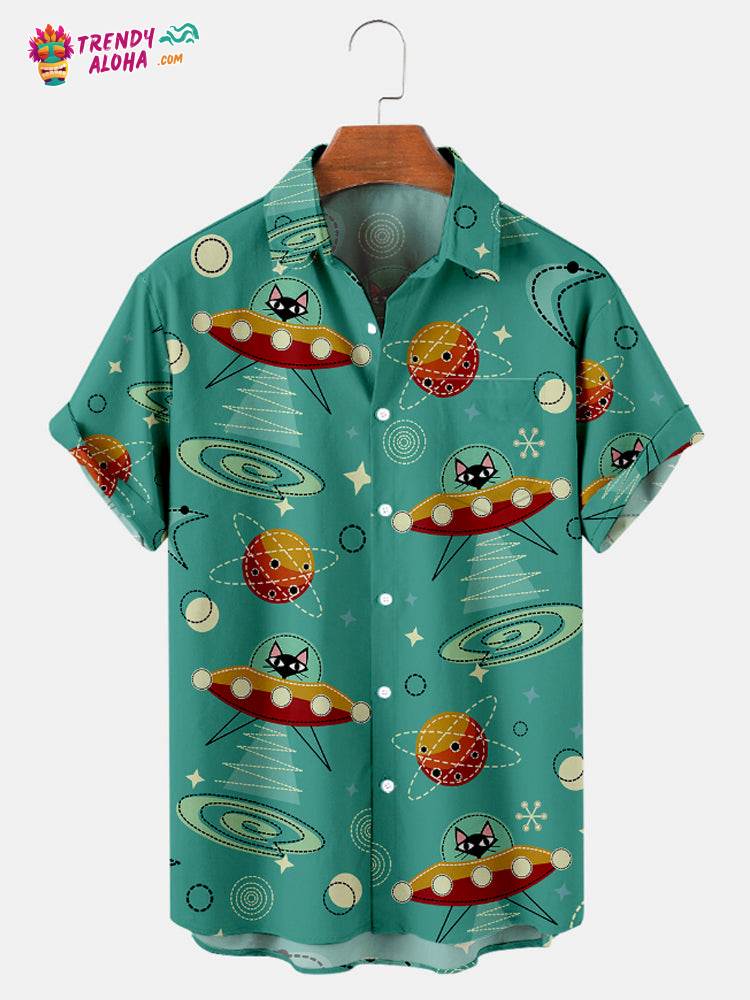 Trendy Men’s Aloha Shirt – Geometric Shapes and Cats Print, Perfect for Casual Outings and Beach Days