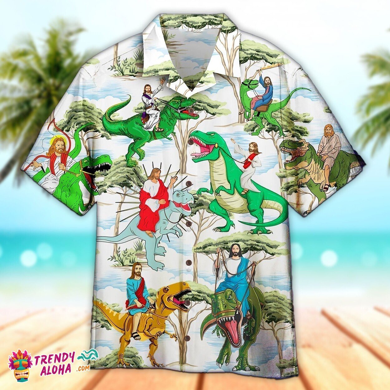 Trex Jesus Dinosaur Ride Unisex Summer Beach Hawaiian Shirt