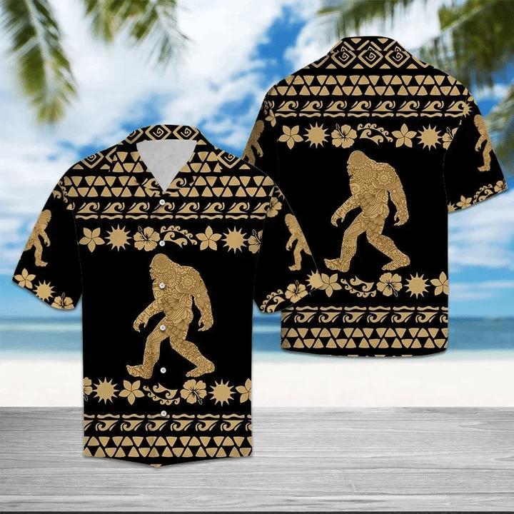 Tribal Golden Bigfoot Walking Into Forest Design Trendy Hawaiian Shirt