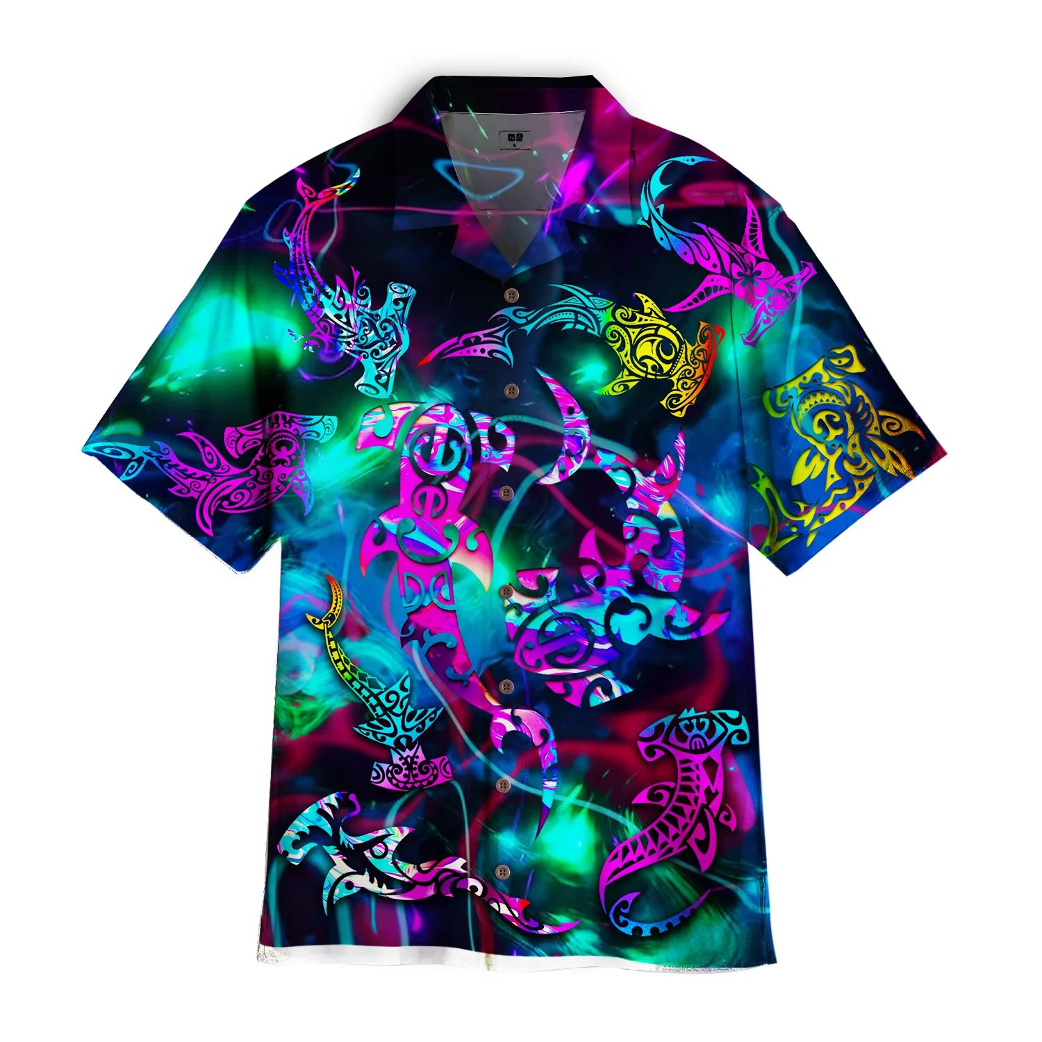 Tribal Shark Maori Neon Aloha Hawaiian Shirts