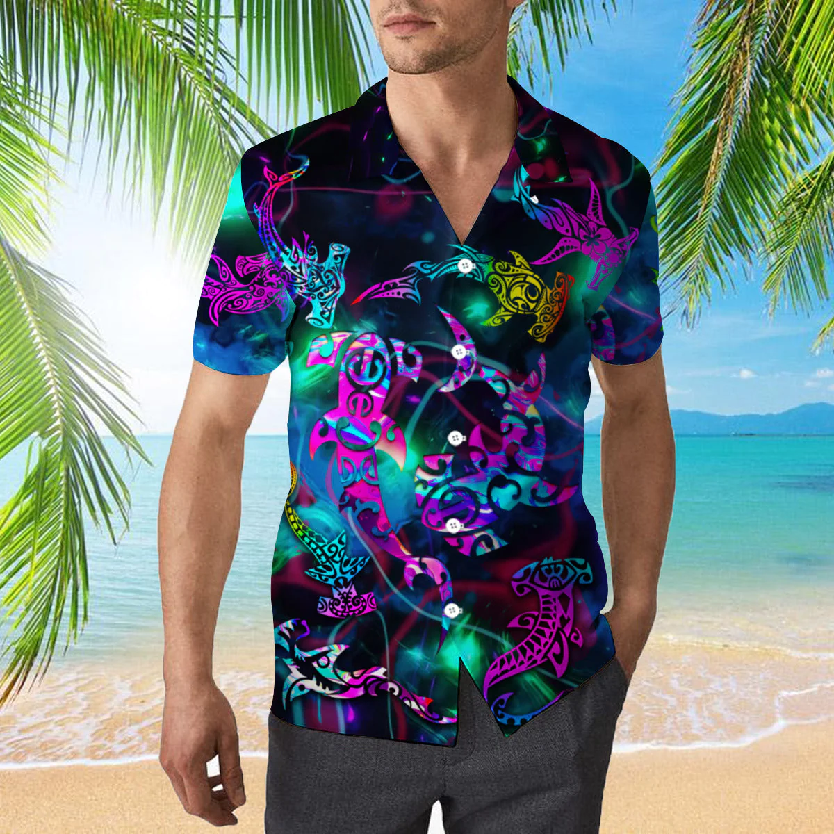 Tribal Shark Maori Neon Aloha Trendy Hawaiian Shirts