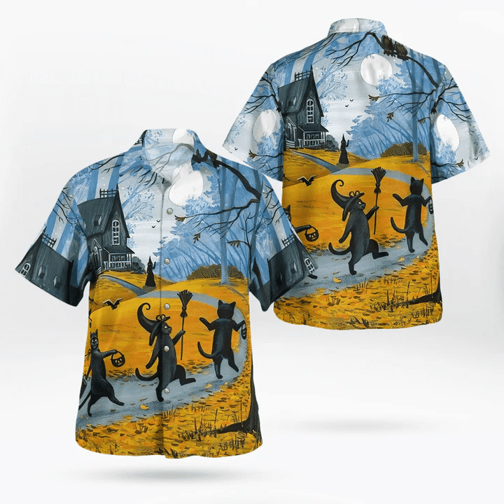 Trick Or Treat Parade Of Black Cat Witch Spooky Halloween Trendy Hawaiian Shirt, Unisex Print Aloha Short Sleeve Casual Shirt
