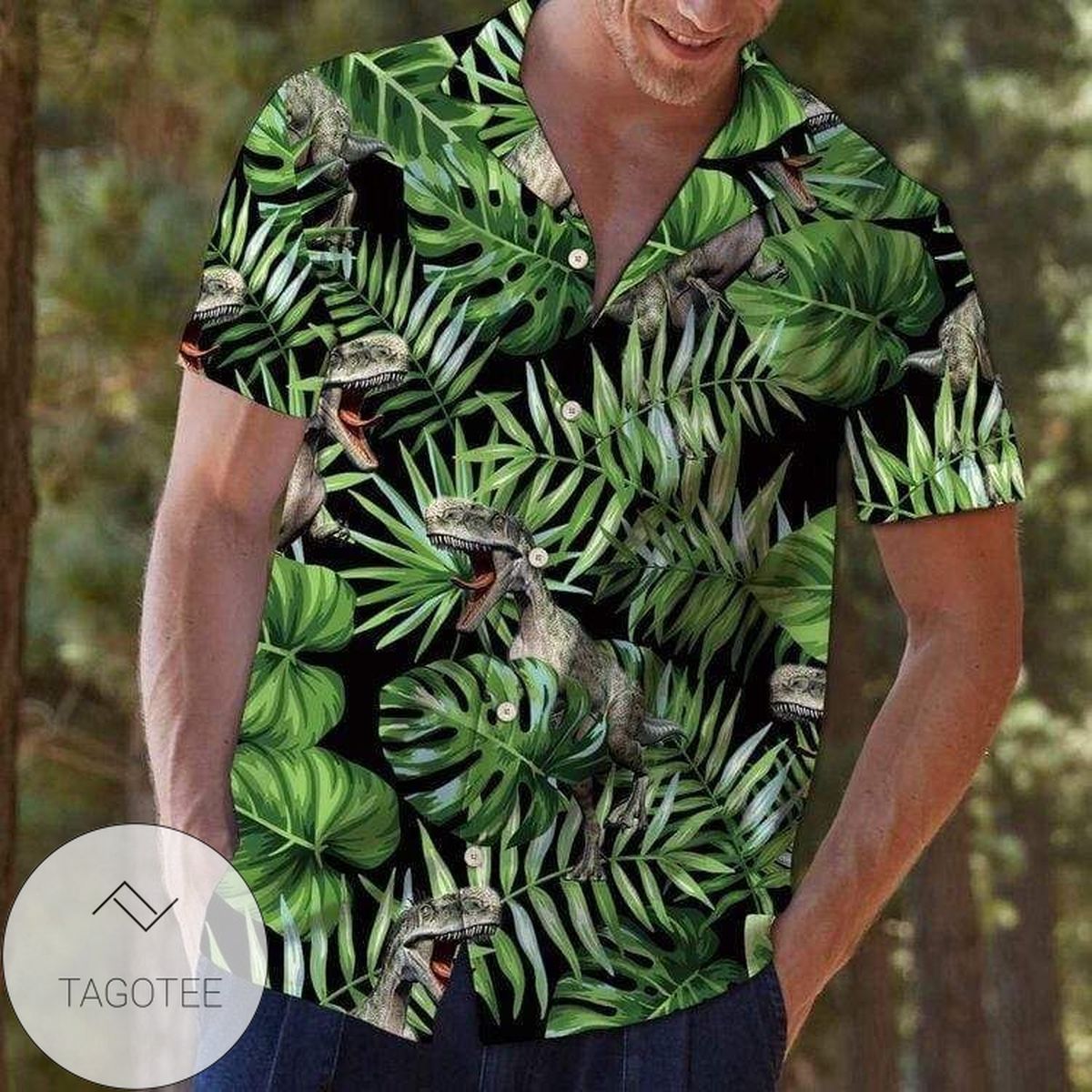 Tropical Adventure witDinosaurs on a LusHawaiian Shirt