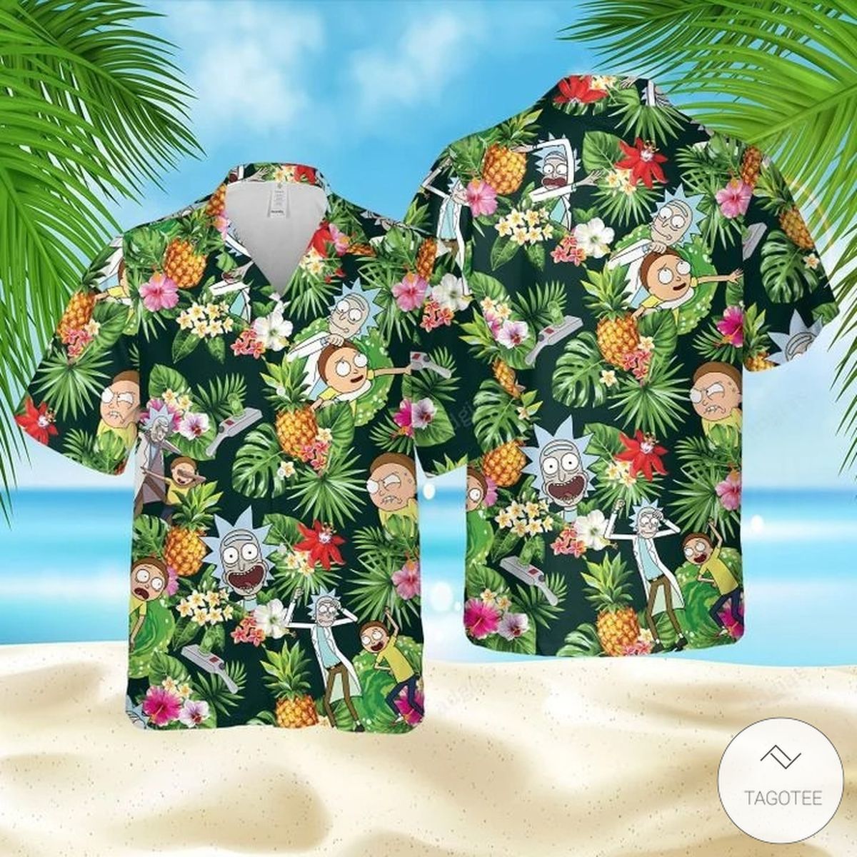 Tropical Adventure witRick Morty Showcased on a Hawaiian Shirt