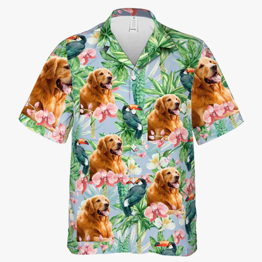 Tropical Bird Flower Pattern – Personalized Unisex Trendy Hawaiian Shirt – Upload Image, Dog Face, Cat Face – Gift For Pet Owners, Pet Lovers
