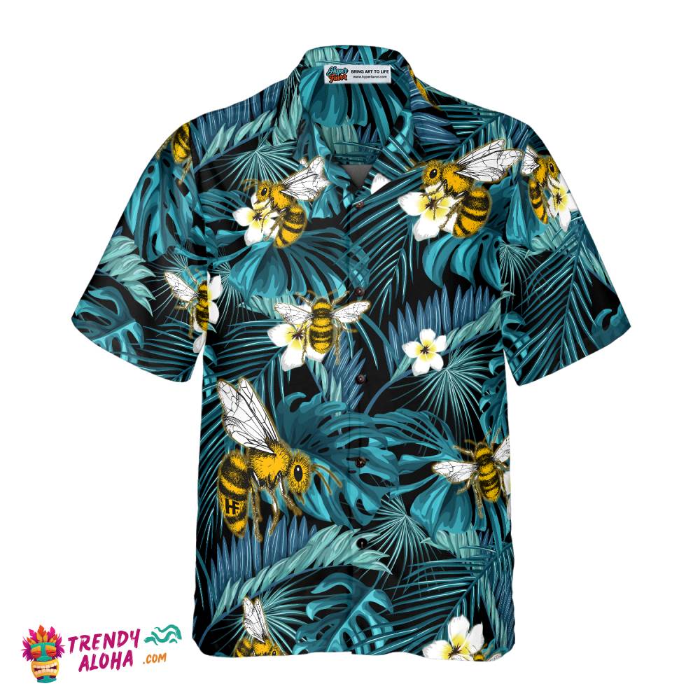 Tropical Blue Leaves & Bees Hawaiian Shirt Tropical Blue Leaves & Bees Hawaiian Shirt
