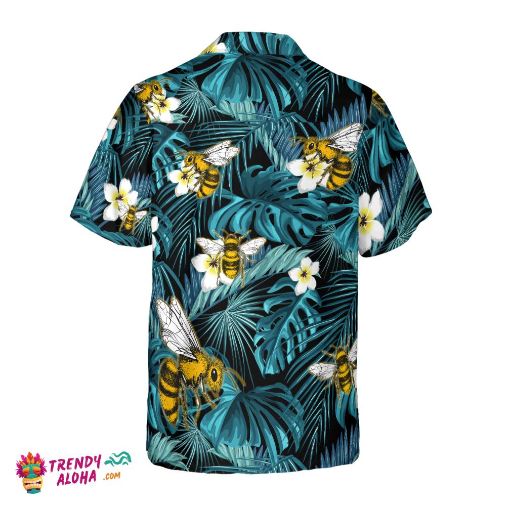Tropical Blue Leaves & Bees Hawaiian Shirt