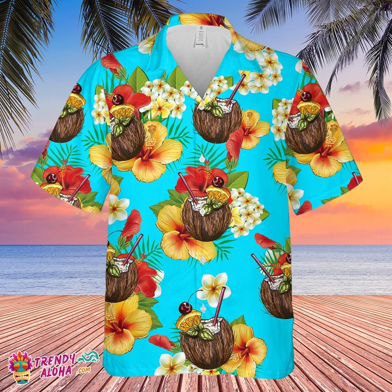 Tropical Coconut Cocktail Aloha Hawaiian Men’s Button Shirt Gift