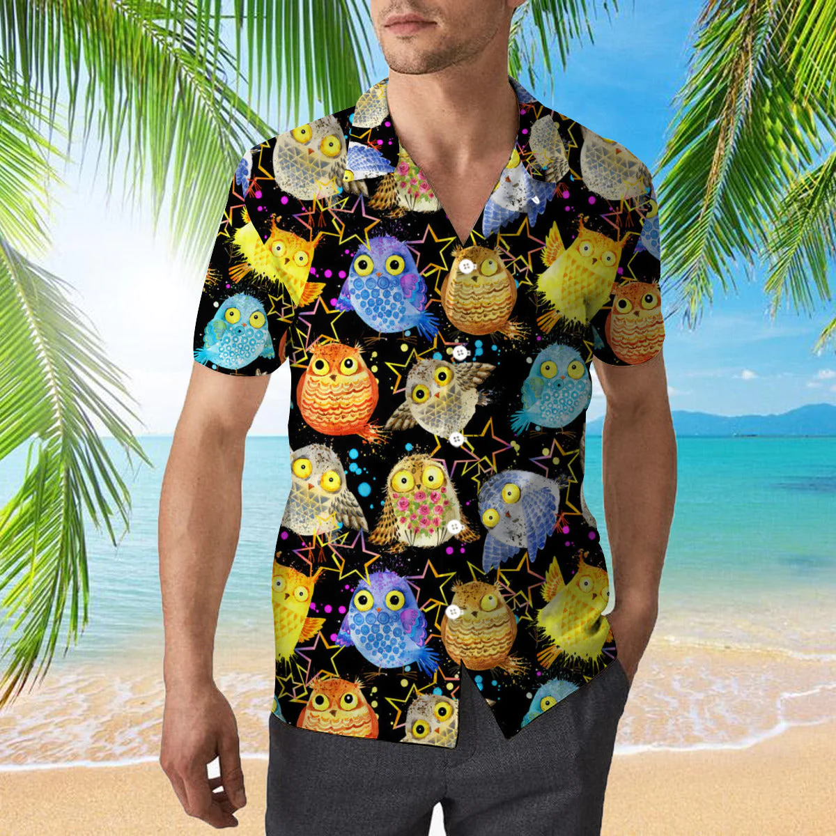 Tropical Colorful Neon Owl Trendy Hawaiian Shirt For Aloha Shirt