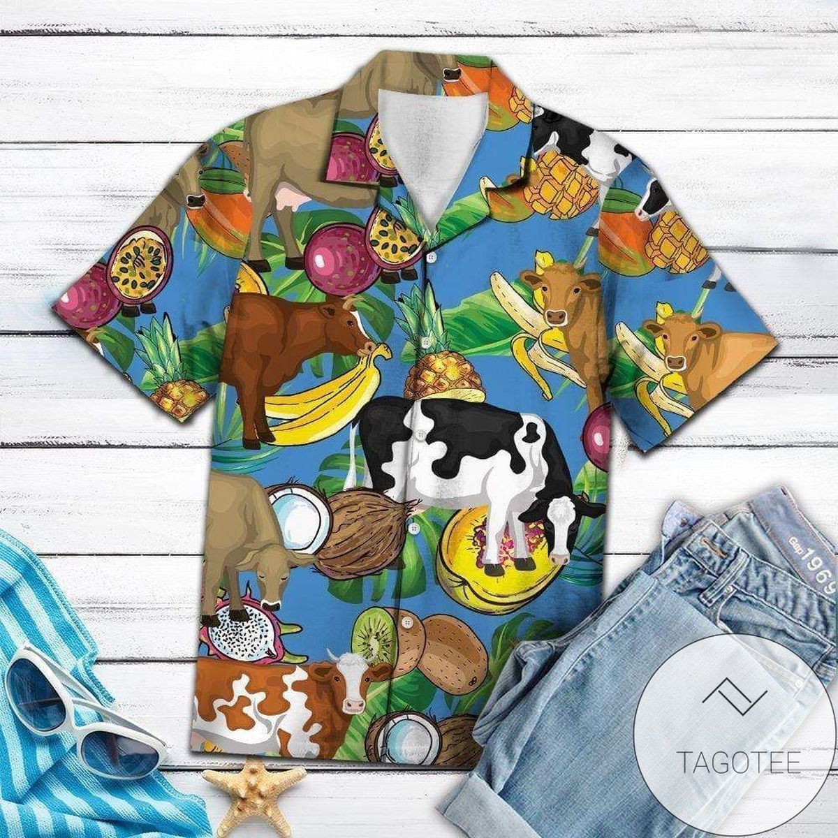 Tropical Delight with Cows and Fruit Hawaiian Shirt