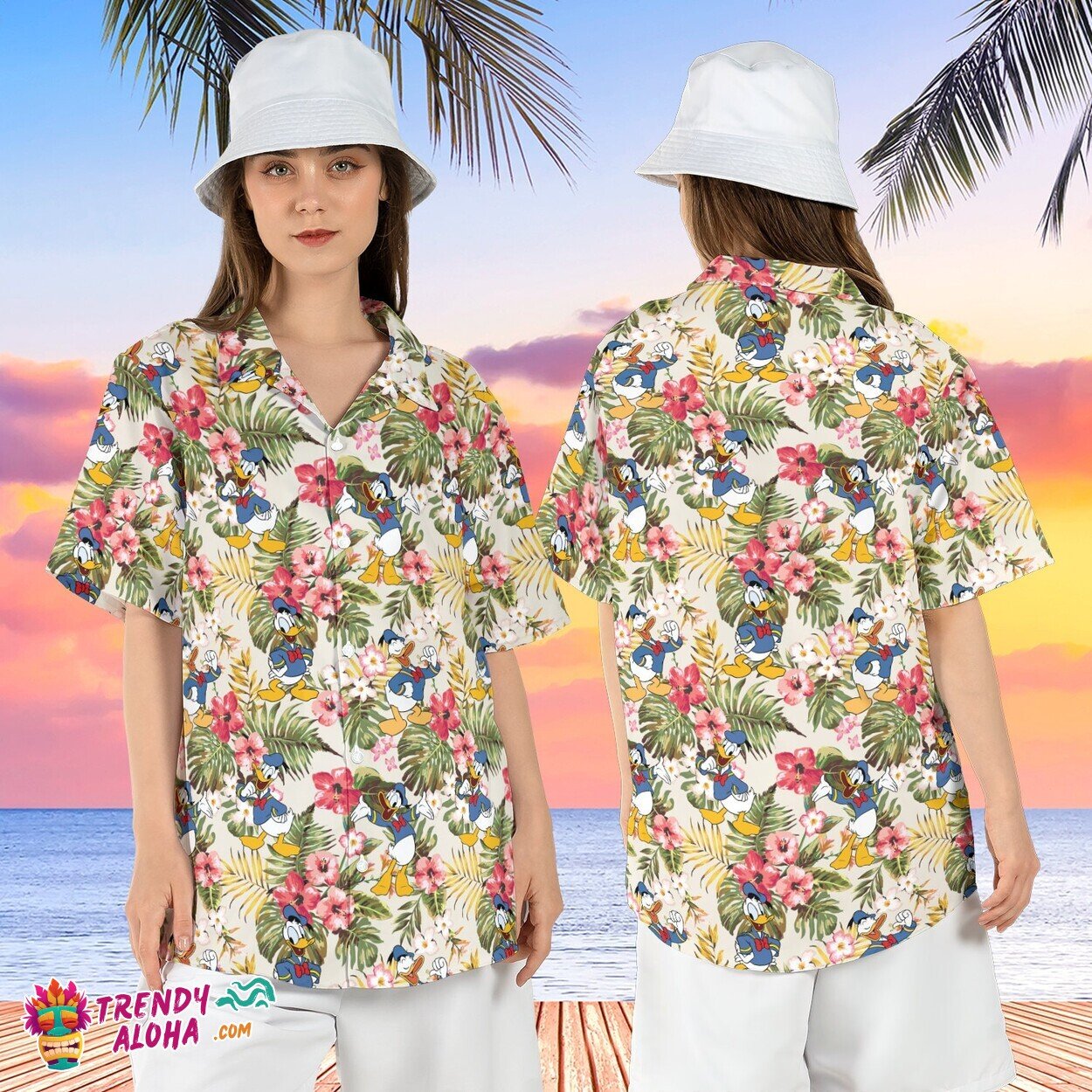Tropical Donald Duck Hibiscus Summer Beach Vacation Aloha Shirt