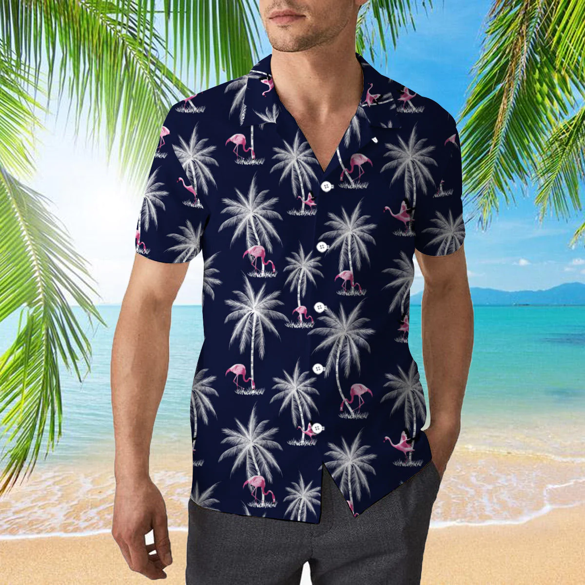 Tropical Flamingo And Palm Tree Trendy Hawaiian Shirt For Aloha Shirt