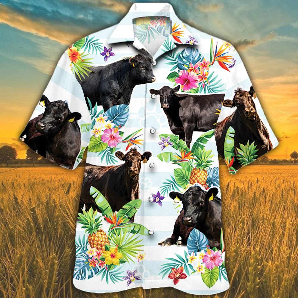 Tropical Flower Black Angus Cattle Lovers Hawaiian Shirt
