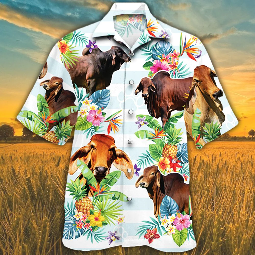 Tropical Flower Red Brahman Cattle Lover Hawaiian Shirt