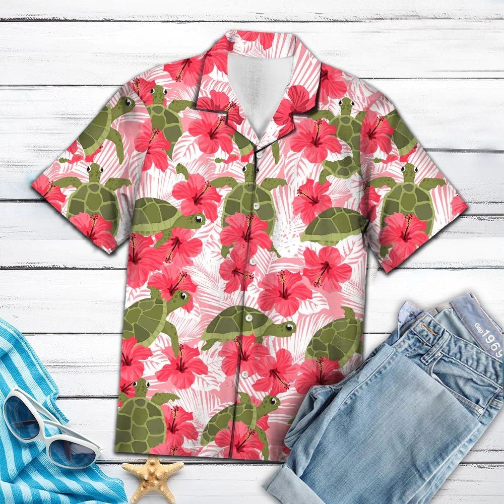 Tropical Flowers Hibiscus Turtle Trendy Hawaiian Shirt, Turtle Lover Trendy Hawaiian Shirt For Summer Gifts