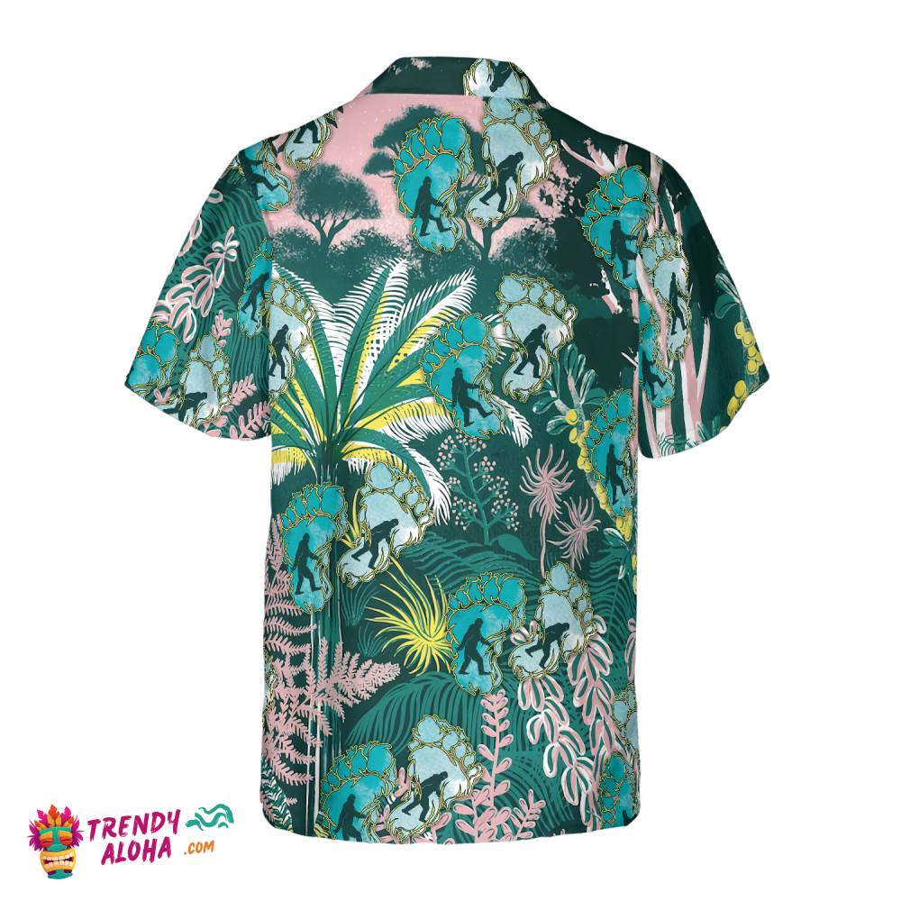 Tropical Forest Bigfoot Hawaiian Shirt, Tropical Floral And Leaves Bigfoot Shirt For Men