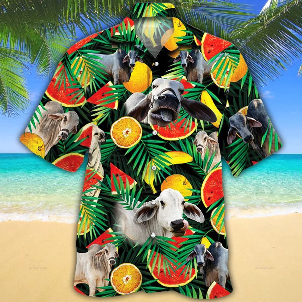 Tropical Fruit Brahman Cattle Hawaiian Shirt for Cow Enthusiasts