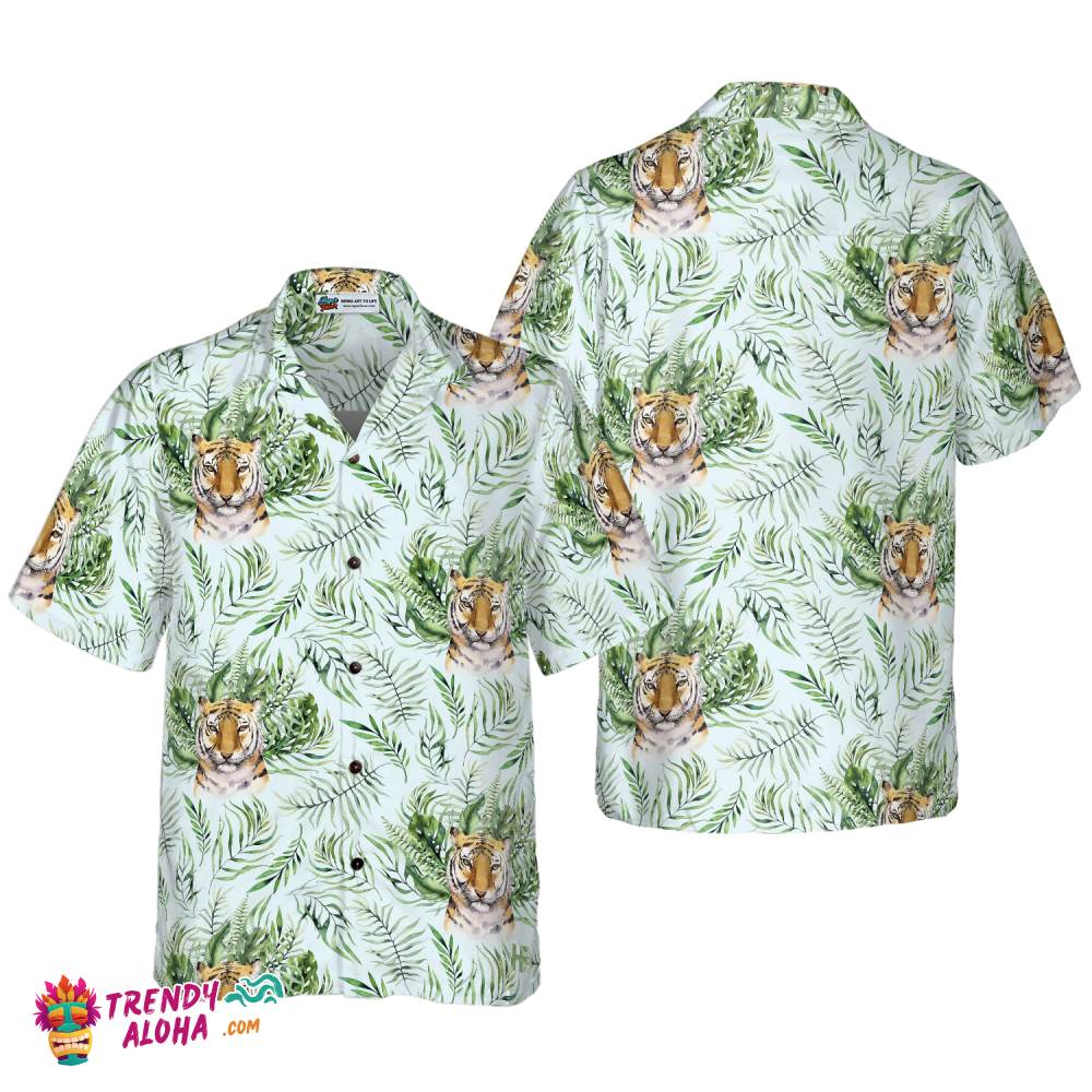 Tropical Green Leaves And Jungle Tiger Shirt For Men Hawaiian Shirt