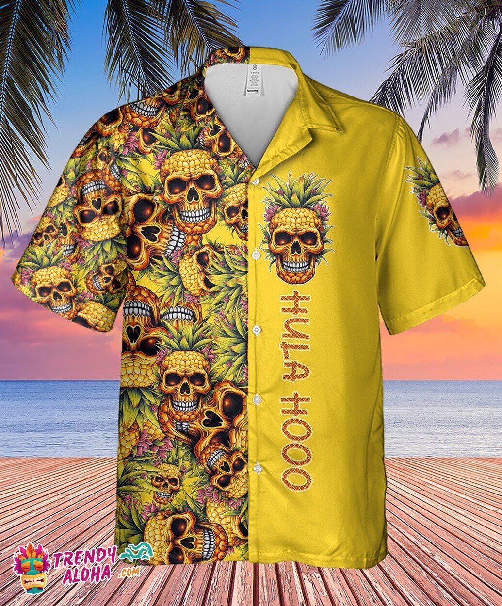 Tropical Hula Skull Pineapple Yellow Aloha Men’s Summer Shirt