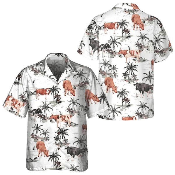 Tropical Island And Cows Pattern All Printed 3D Trendy Hawaiian Shirt, Summer Gifts For Men And Women