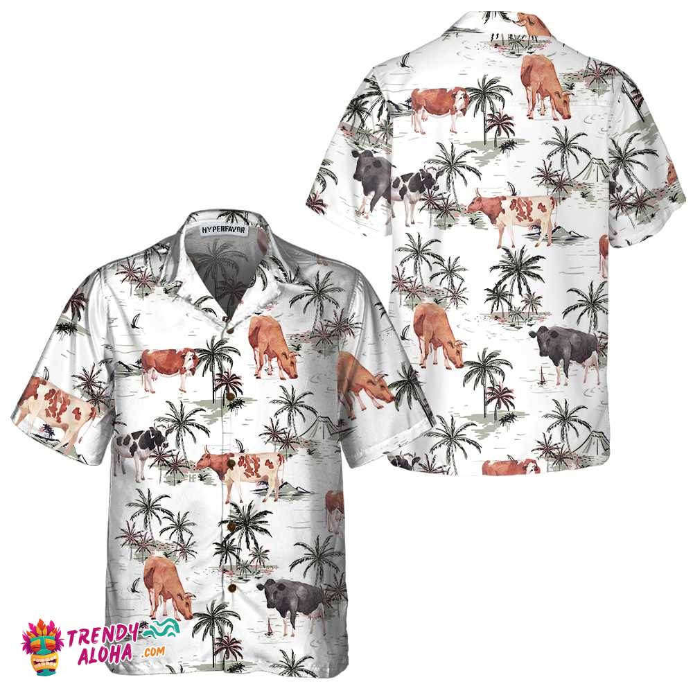Tropical Island And Cows Pattern Cow Hawaiian Shirt, Tropical Cow Shirt For Men And Women, Cow Print Shirt Tropical Island And Cows Pattern Cow Hawaiian Shirt, Tropical Cow Shirt For Men And Women, Cow Print Shirt