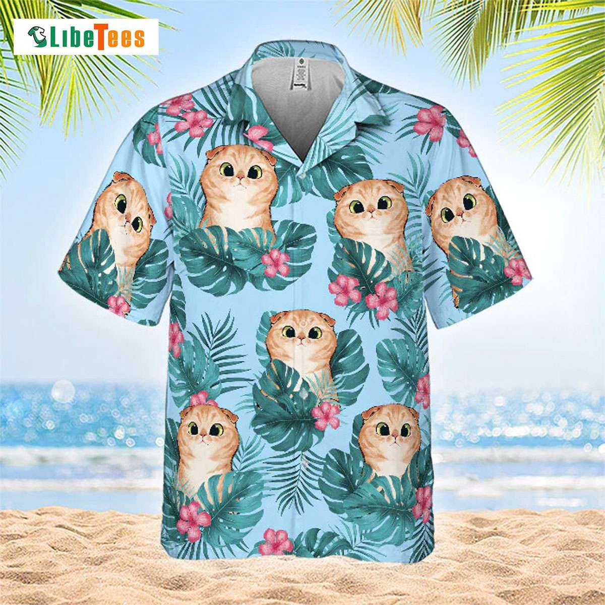 Tropical Leaves Surrounding Summer Cat Hawaiian Shirt
