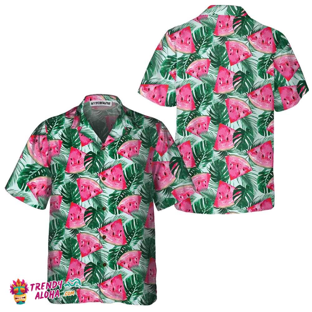 Tropical Palm Leaves Watermelon Hawaiian Shirt, Cool Watermelon Shirt For Men & Women Tropical Palm Leaves Watermelon Hawaiian Shirt, Cool Watermelon Shirt For Men & Women