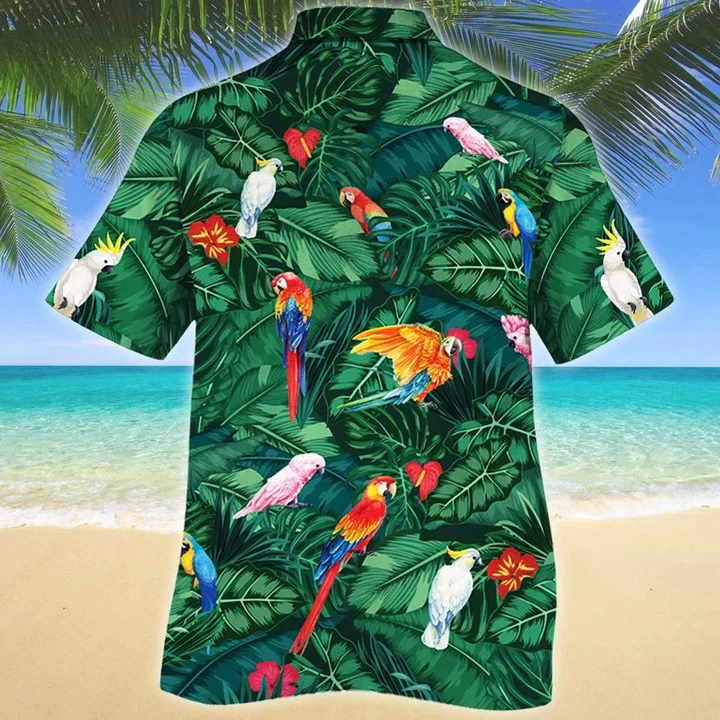 Tropical Parrots Dark Green Trendy Hawaiian Shirt, Summer Aloha Hawaii Shirt