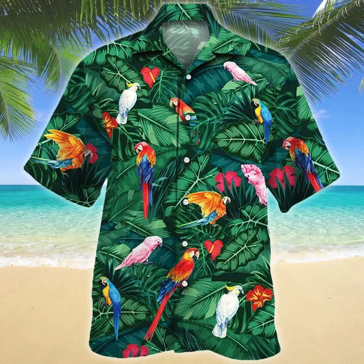 Tropical Parrots Dark Green Trendy Hawaiian Shirt, Summer Aloha Hawaii Shirt