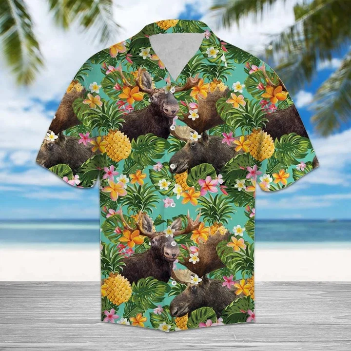 Tropical Pineapple With Moose Trendy Hawaiian Shirt