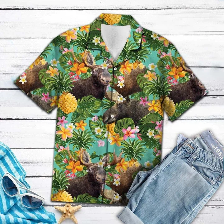 Tropical Pineapple With Moose Trendy Hawaiian Shirt