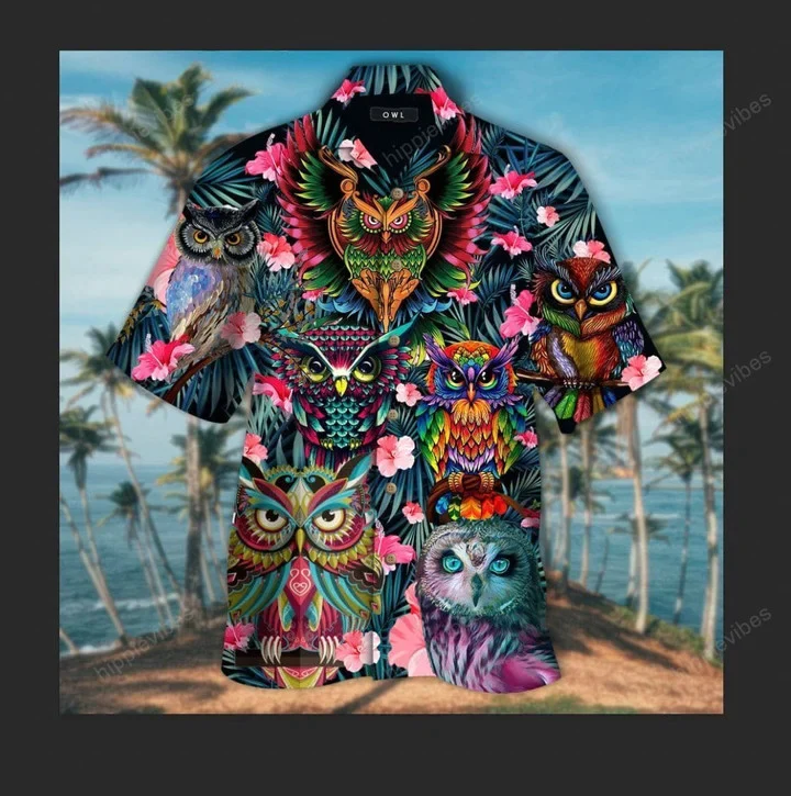Tropical Pink Flower With Colorful Owl Design Trendy Hawaiian Shirt Tropical Pink Flower With Colorful Owl Design Trendy Hawaiian Shirt