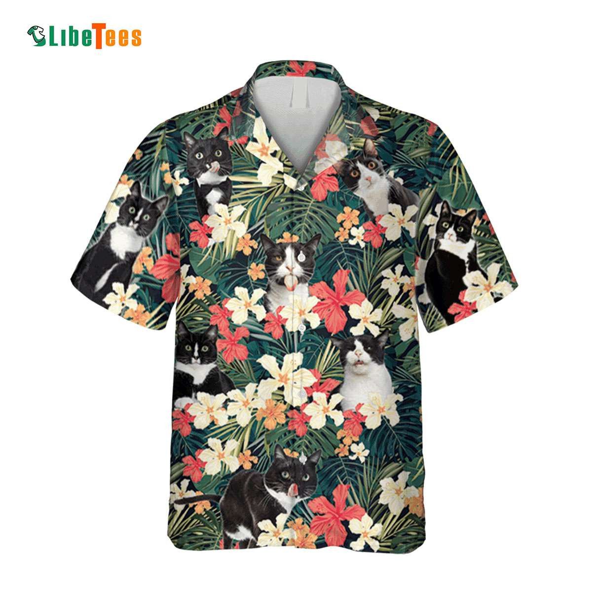Tropical Plants Tuxedo Cat Themed Hawaiian Shirt