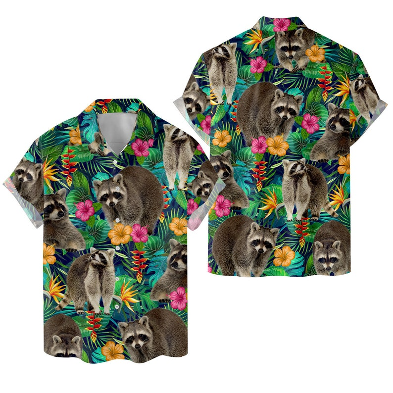 Tropical Racoon Trendy Hawaiian Shirt For Men Women, Animal Casual Men Trendy Hawaiian Shirt Button Down Short Sleeve, Racoon Lovers