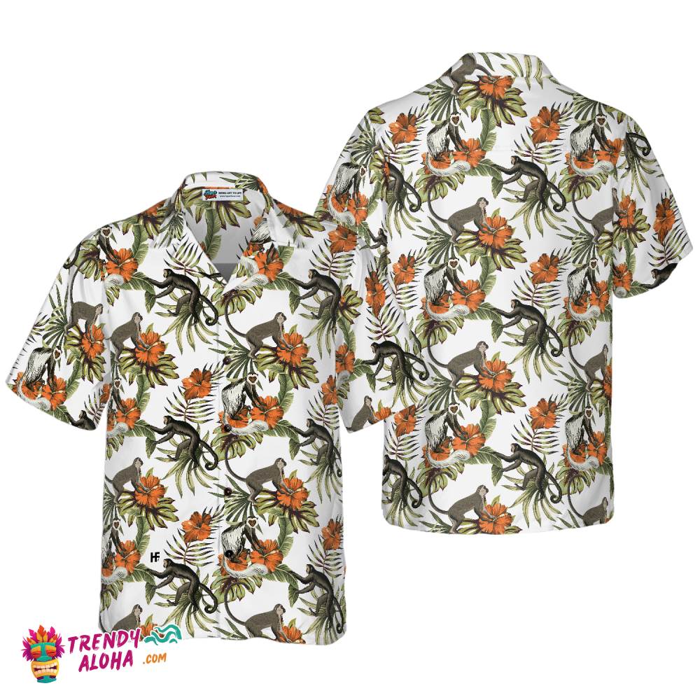 Tropical Red Hibiscus Flower Monkey Shirt For Men Hawaiian Shirt