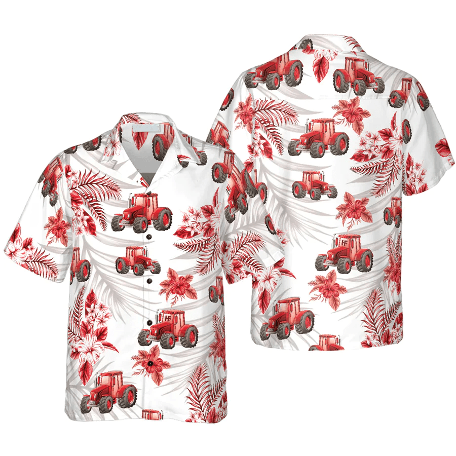 Tropical Red Tractor Trendy Hawaiian Shirt, Tractor Gifts For Adults