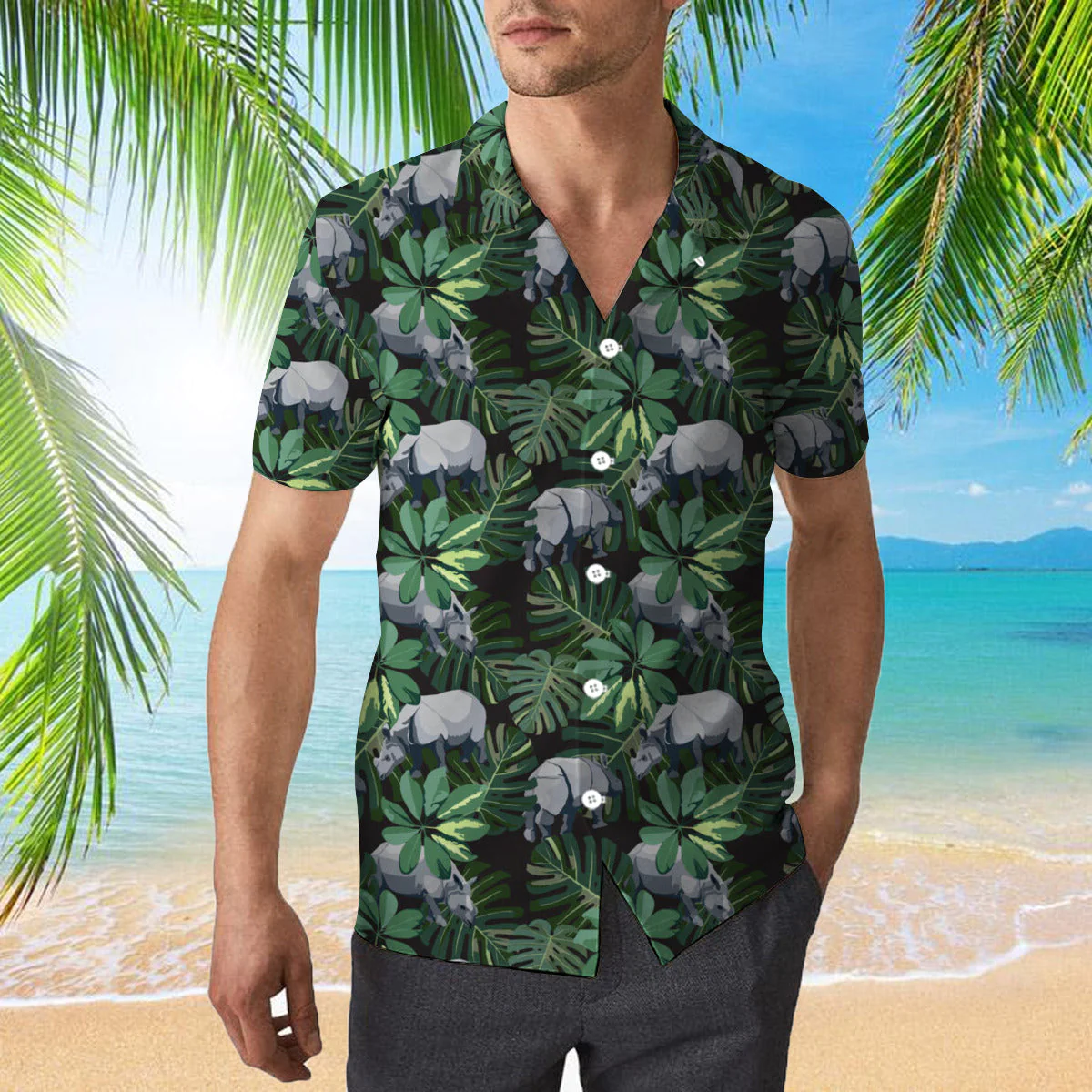 Tropical Rhino Wild Animals Plant Floral Trendy Hawaiian Shirt For Aloha Shirt